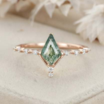 1.0ct Kite Cut Natural Moss Agate Engagement Ring Vintage 14K Rose Gold Diamond Wedding Ring