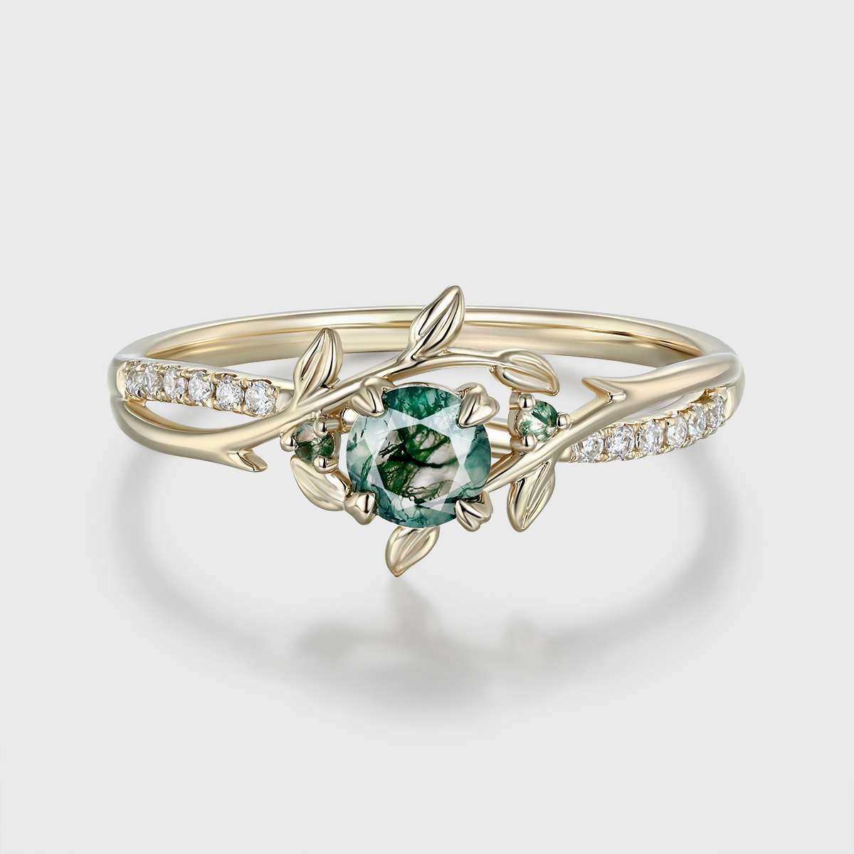Moss Agate Engagement Ring Solid Gold Ring Round Cut Wedding Ring Delicate Leaf Branch Floral Promise Ring Women Nature Inspired Ring