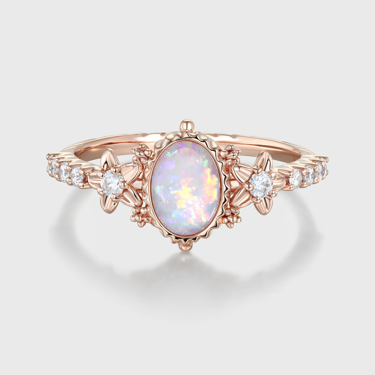 Unique Oval Natural Opal Engagement Ring Vintage 14K Rose gold Wedding Ring Dainty Moissanite Round cluster Anniversary Ring For Women