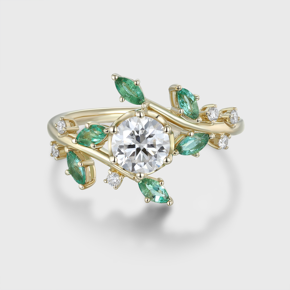 Round Moissanite Engagement Ring Vintage Unique 14K Solid gold Emerald Nature inspired Bridal set Anniversary gift