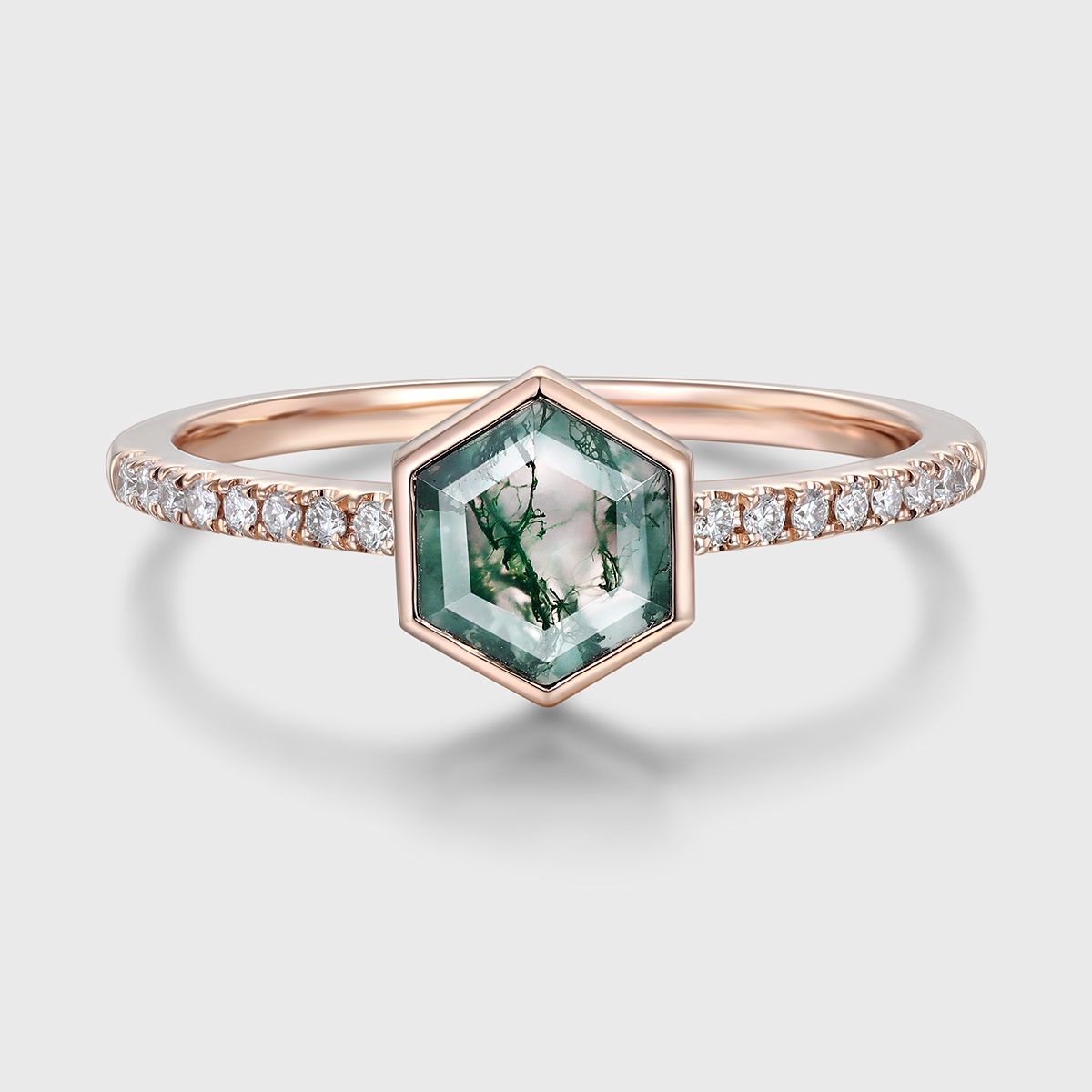 Unique Moss agate Engagement Ring Vintage Hexagon cut 14K Rose gold Wedding Ring Dainty Moissanite Round cluster Anniversary Ring For Women