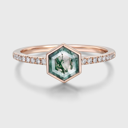 Unique Moss agate Engagement Ring Vintage Hexagon cut 14K Rose gold Wedding Ring Dainty Moissanite Round cluster Anniversary Ring For Women