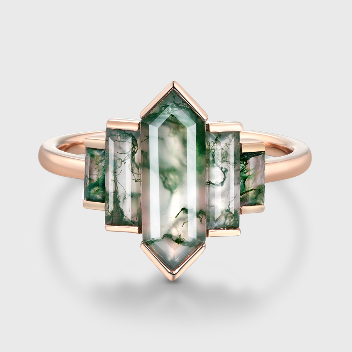 Hexagon Cut Moss Agate Engagement Ring – 14K Rose Gold Cluster Baguette Ring, Unique Bridal Jewelry