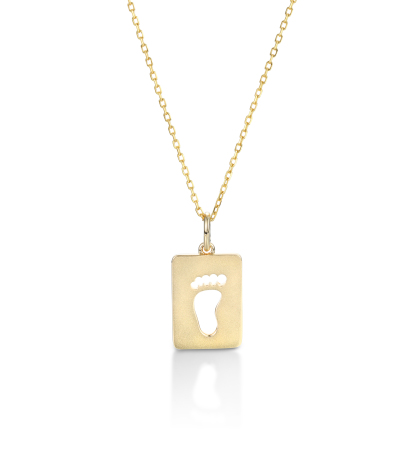 Yellow Gold Baby Footprints Customized Birthstones Engraved Name Square Pendant Necklace