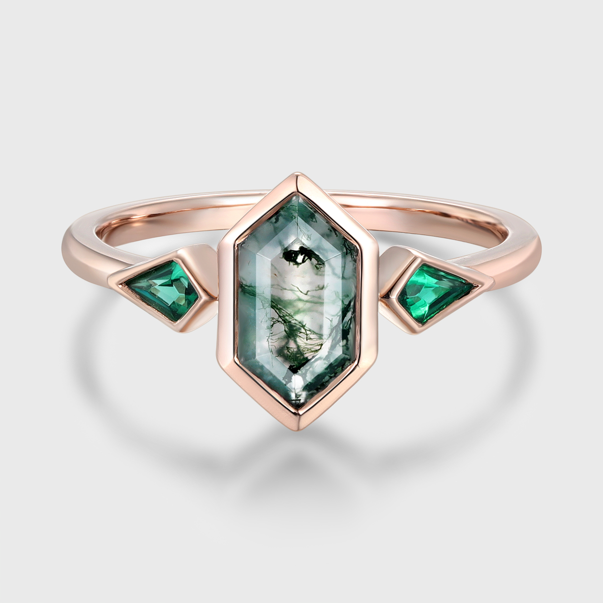 Three Stone Hexagon Cut Moss Agate and Emerald Engagement Ring – Bezel Set in 14K Rose Gold