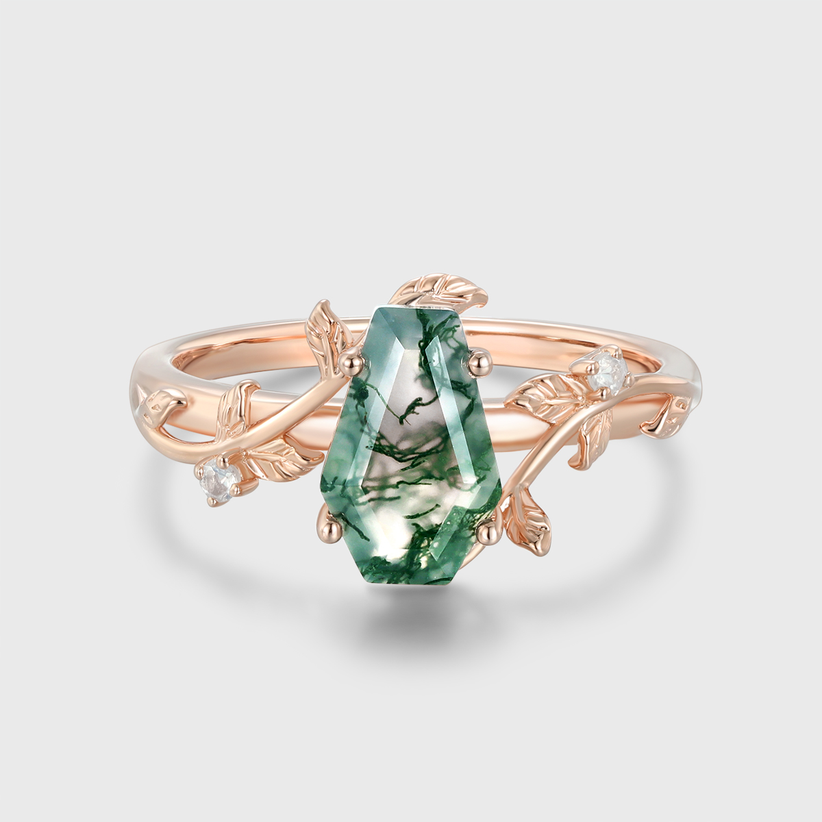 Unique Coffin Cut Natural Moss Agate Engagement Ring In 14k Rose Gold Wedding Ring Anniversary Gift For Her