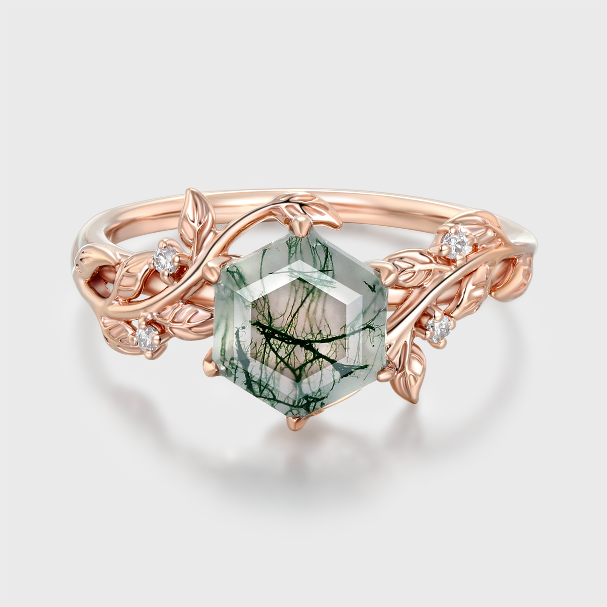 Vintage Hexagon Cut Green Moss Agate Engagement Ring in 14K Rose Gold - Nature-Inspired Leaf Diamond Ring, Women's Anniversary Gift