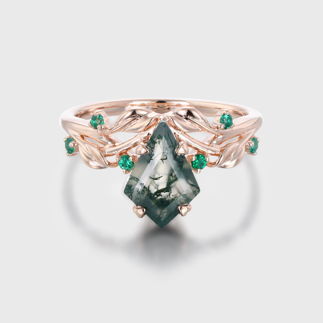 1.3ct Moss Agate Ring Vintage Kite Cut Moss Agate Engagement Ring Rose Gold Leaf Emerald Ring Anniversary Promise Ring Gifts