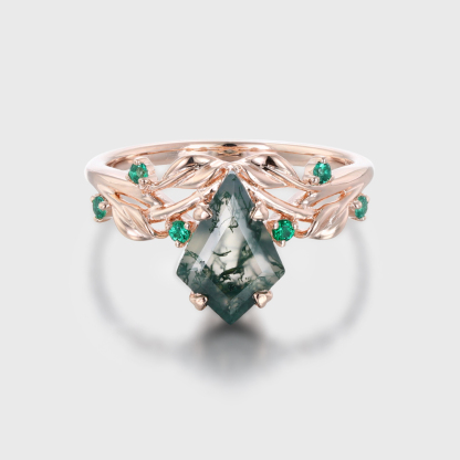 1.3ct Moss Agate Ring Vintage Kite Cut Moss Agate Engagement Ring Rose Gold Leaf Emerald Ring Anniversary Promise Ring Gifts