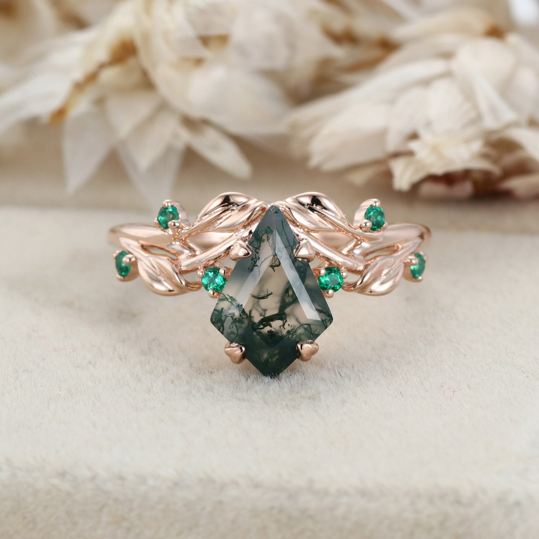 1.3ct Moss Agate Ring Vintage Kite Cut Moss Agate Engagement Ring Rose Gold Leaf Emerald Ring Anniversary Promise Ring Gifts