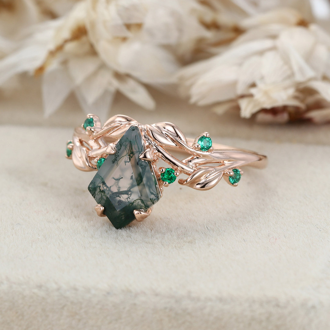 1.3ct Moss Agate Ring Vintage Kite Cut Moss Agate Engagement Ring Rose Gold Leaf Emerald Ring Anniversary Promise Ring Gifts