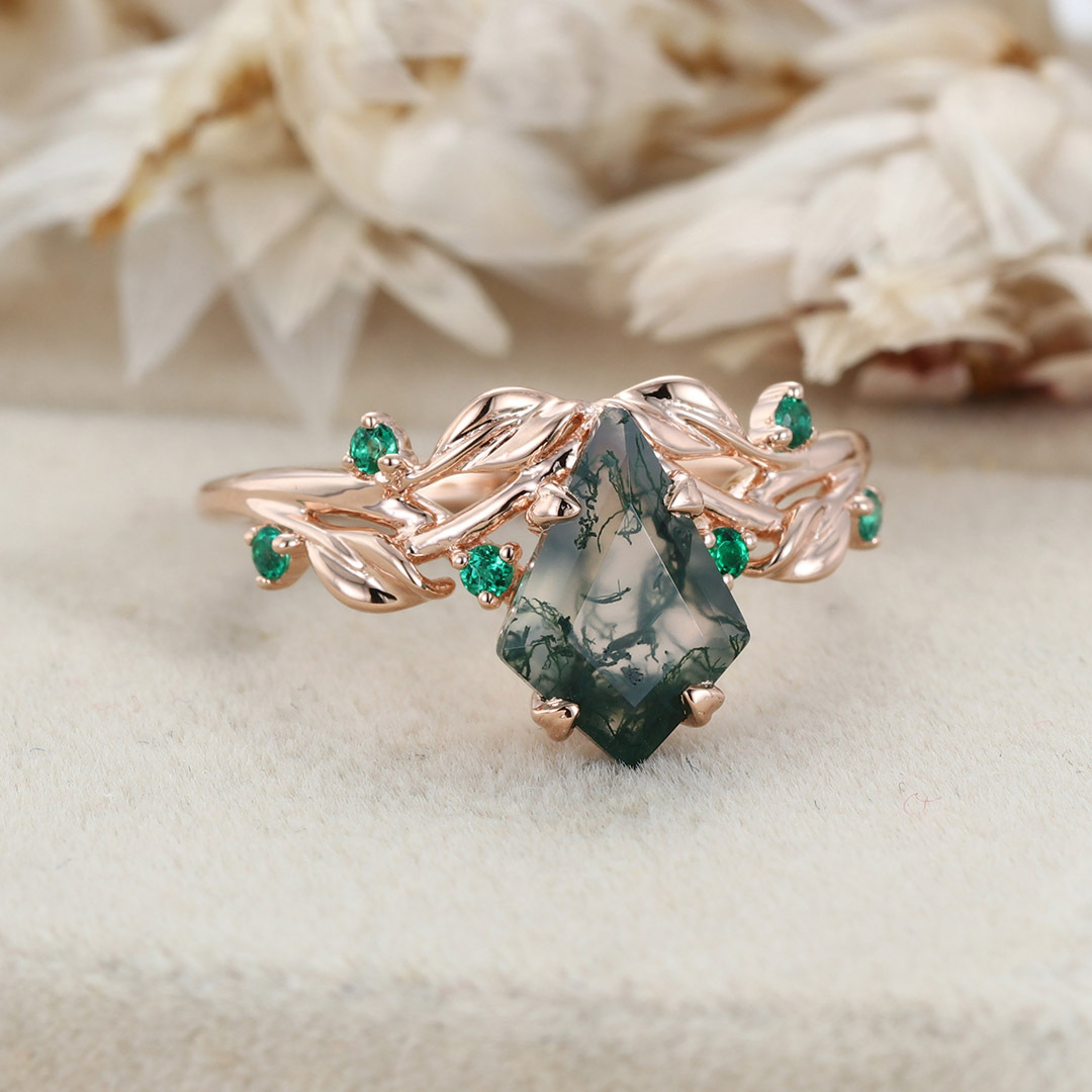 1.3ct Moss Agate Ring Vintage Kite Cut Moss Agate Engagement Ring Rose Gold Leaf Emerald Ring Anniversary Promise Ring Gifts