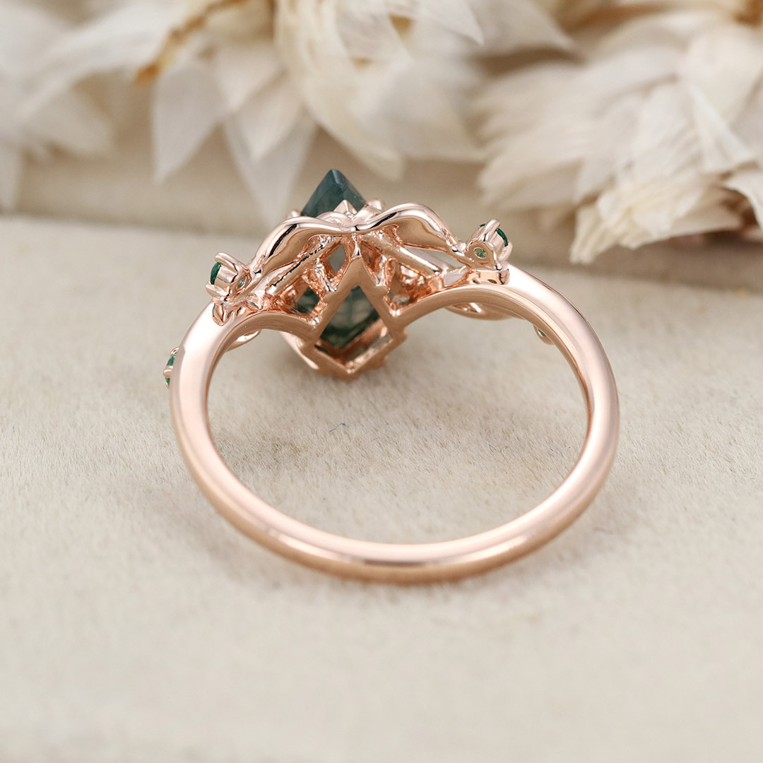 1.3ct Moss Agate Ring Vintage Kite Cut Moss Agate Engagement Ring Rose Gold Leaf Emerald Ring Anniversary Promise Ring Gifts