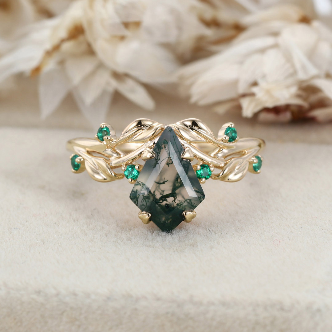 1.3ct Moss Agate Ring Vintage Kite Cut Moss Agate Engagement Ring Rose Gold Leaf Emerald Ring Anniversary Promise Ring Gifts