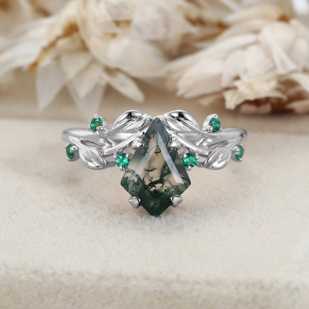 1.3ct Moss Agate Ring Vintage Kite Cut Moss Agate Engagement Ring Rose Gold Leaf Emerald Ring Anniversary Promise Ring Gifts