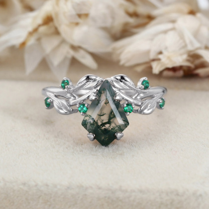 1.3ct Moss Agate Ring Vintage Kite Cut Moss Agate Engagement Ring Rose Gold Leaf Emerald Ring Anniversary Promise Ring Gifts