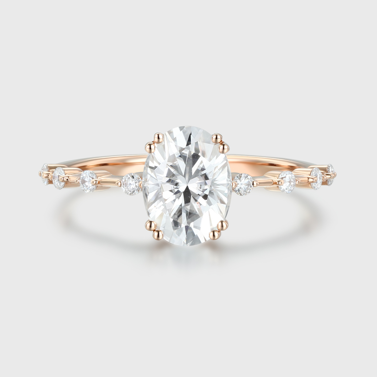 1.5 Carat Oval Moissanite Side Stones Engagement Ring – 14K Rose Gold Bridal Jewelry, Ethical Anniversary Gift for Her