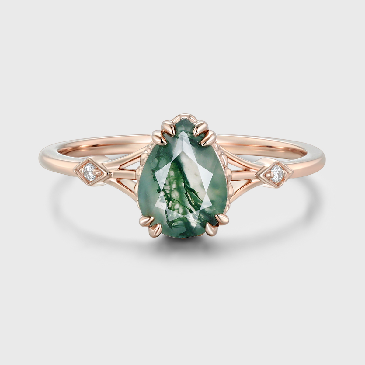 Art Deco Pear Shaped Moss Agate Engagement Ring in Yellow Gold – Unique Vintage-Inspired Bridal, Promise, or Wedding Ring