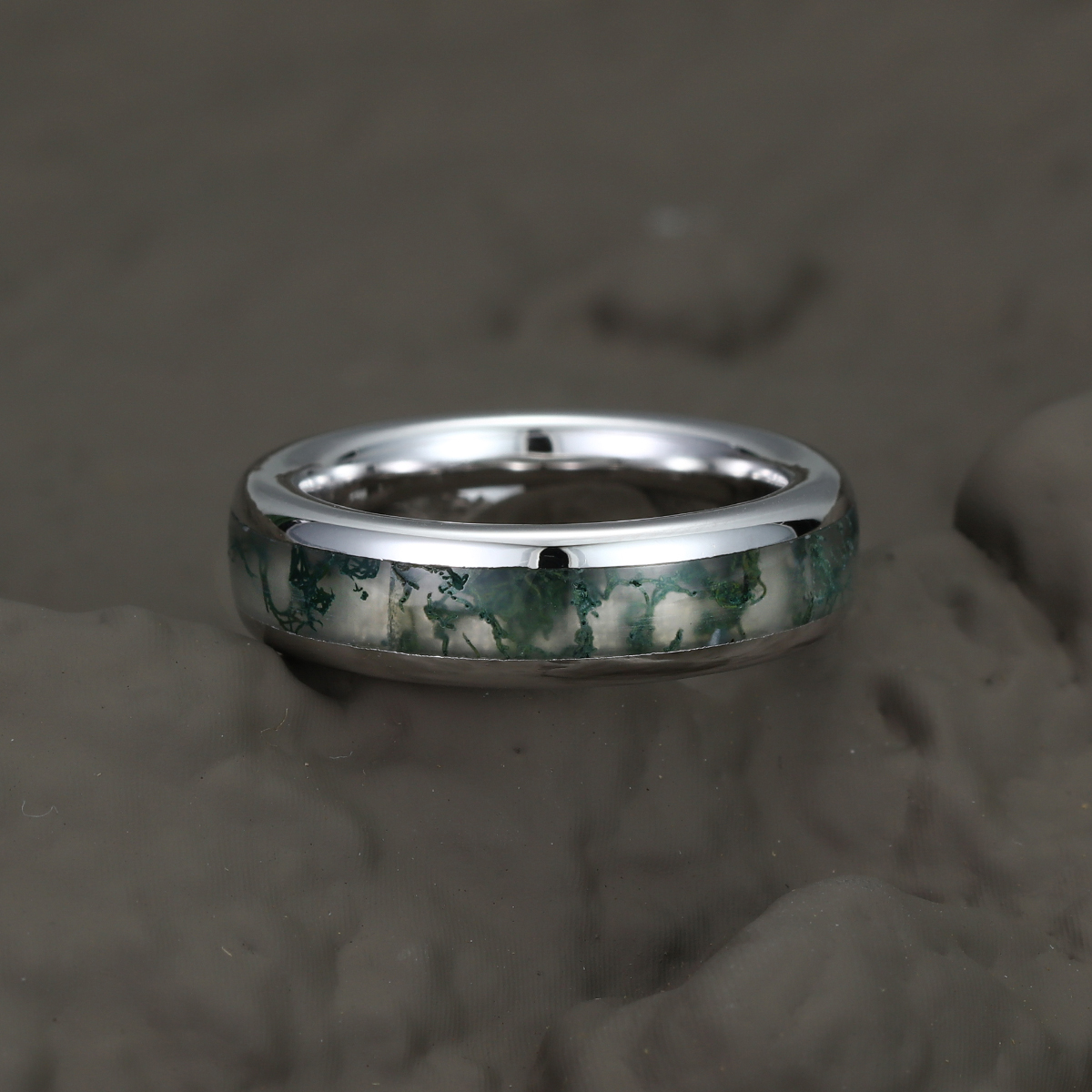 Unique Moss Agate Wedding Band Sterling Silver Nature Inspired Eco-Friendly Full Eternity 6mm Stacking Matching Rings Men Ring Gift For Him