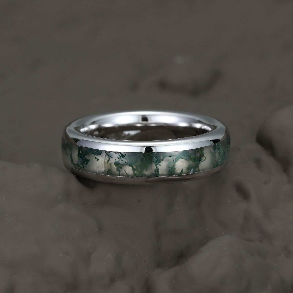 Unique Moss Agate Wedding Band Sterling Silver Nature Inspired Eco-Friendly Full Eternity 6mm Stacking Matching Rings Men Ring Gift For Him