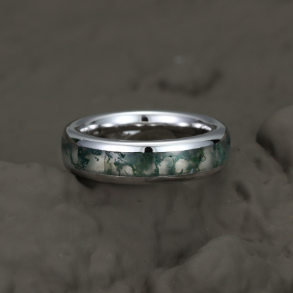 Unique Moss Agate Wedding Band Sterling Silver Nature Inspired Eco-Friendly Full Eternity 6mm Stacking Matching Rings Men Ring Gift For Him