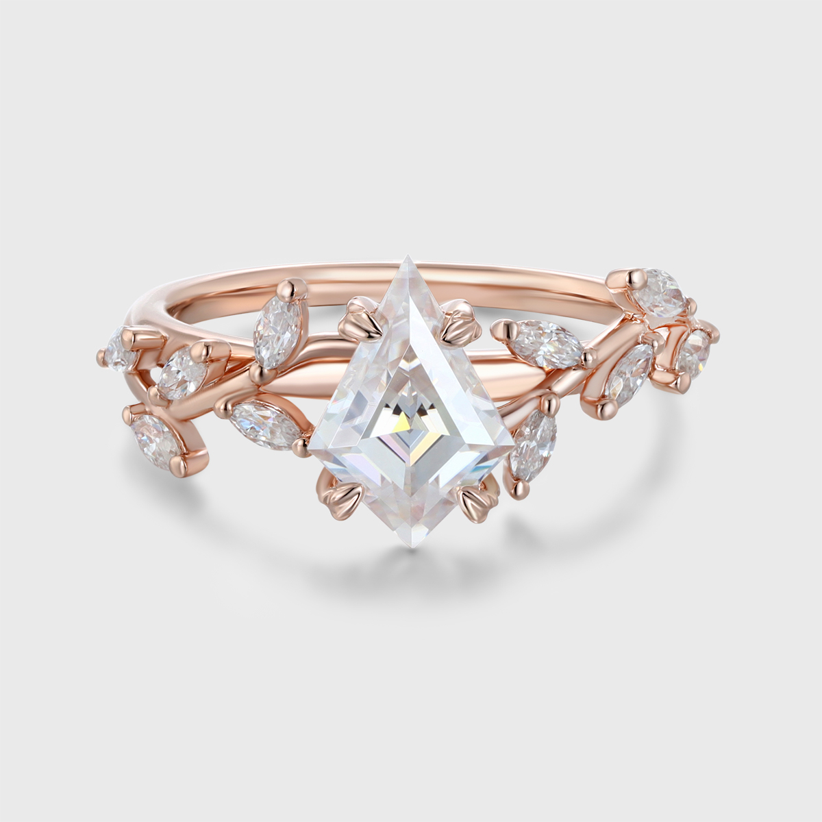 Nature-Inspired Kite Cut Moissanite Engagement Ring – 14K Rose Gold Unique Anniversary Gift for Her