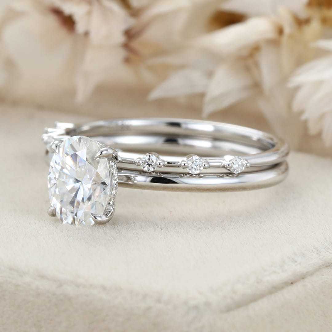 1.5 Ct Oval Cut Moissanite Wedding Ring Set Moissanite Engagement Ring Set Vintage Bridal Art Deco Matching Bands Ring14k18k Gold Ring