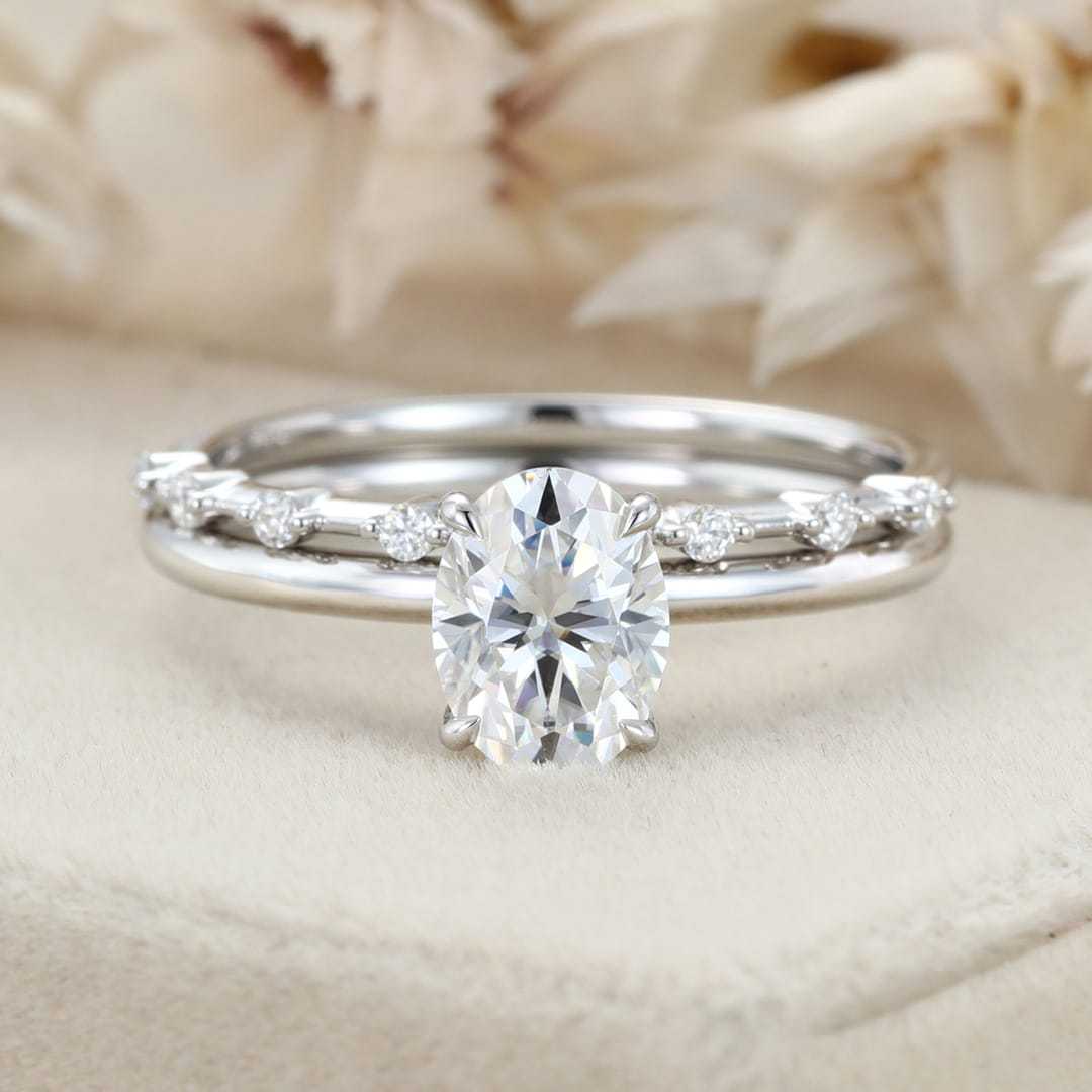 1.5 Ct Oval Cut Moissanite Wedding Ring Set Moissanite Engagement Ring Set Vintage Bridal Art Deco Matching Bands Ring14k18k Gold Ring