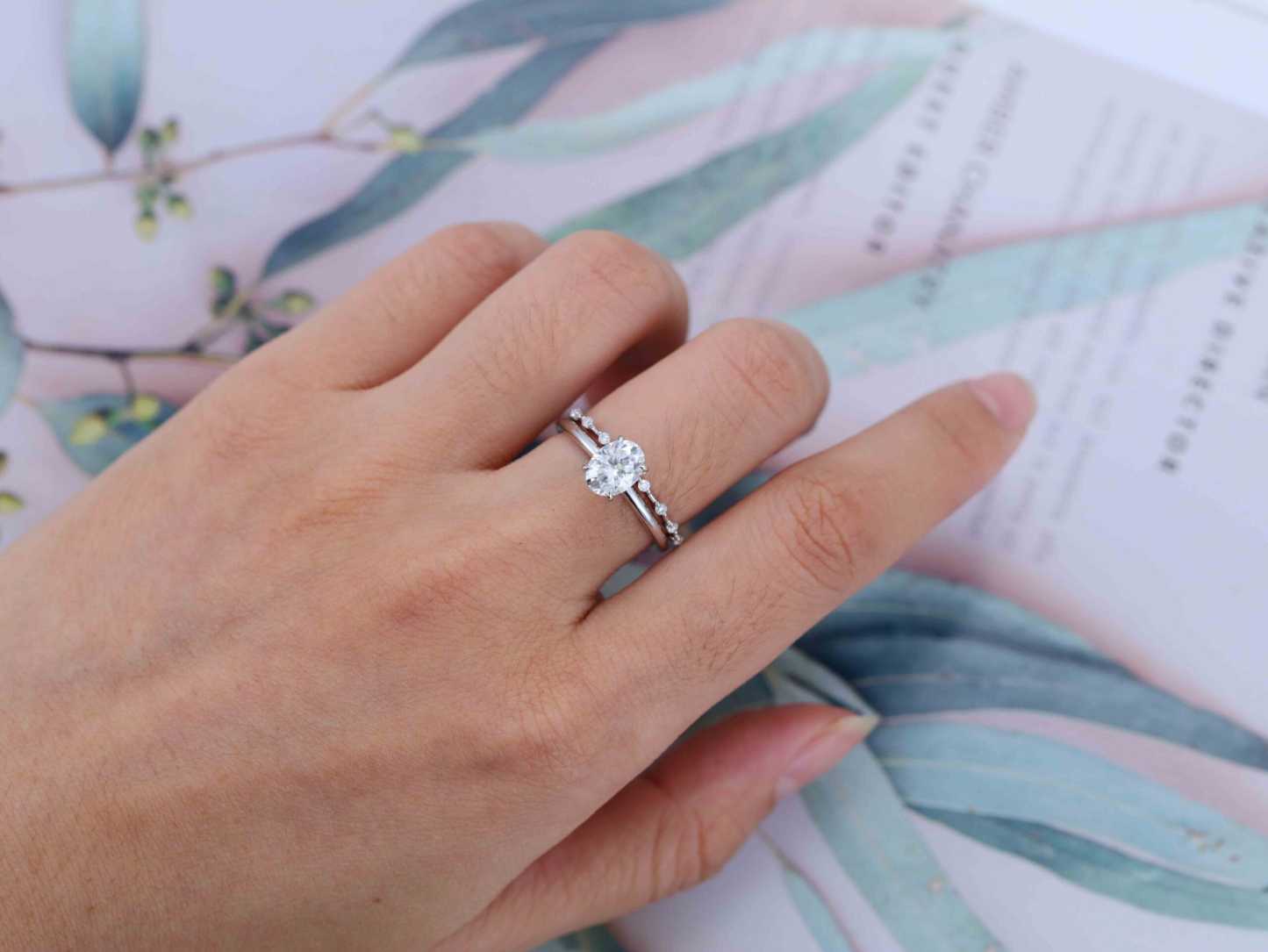 1.5 Ct Oval Cut Moissanite Wedding Ring Set Moissanite Engagement Ring Set Vintage Bridal Art Deco Matching Bands Ring14k18k Gold Ring