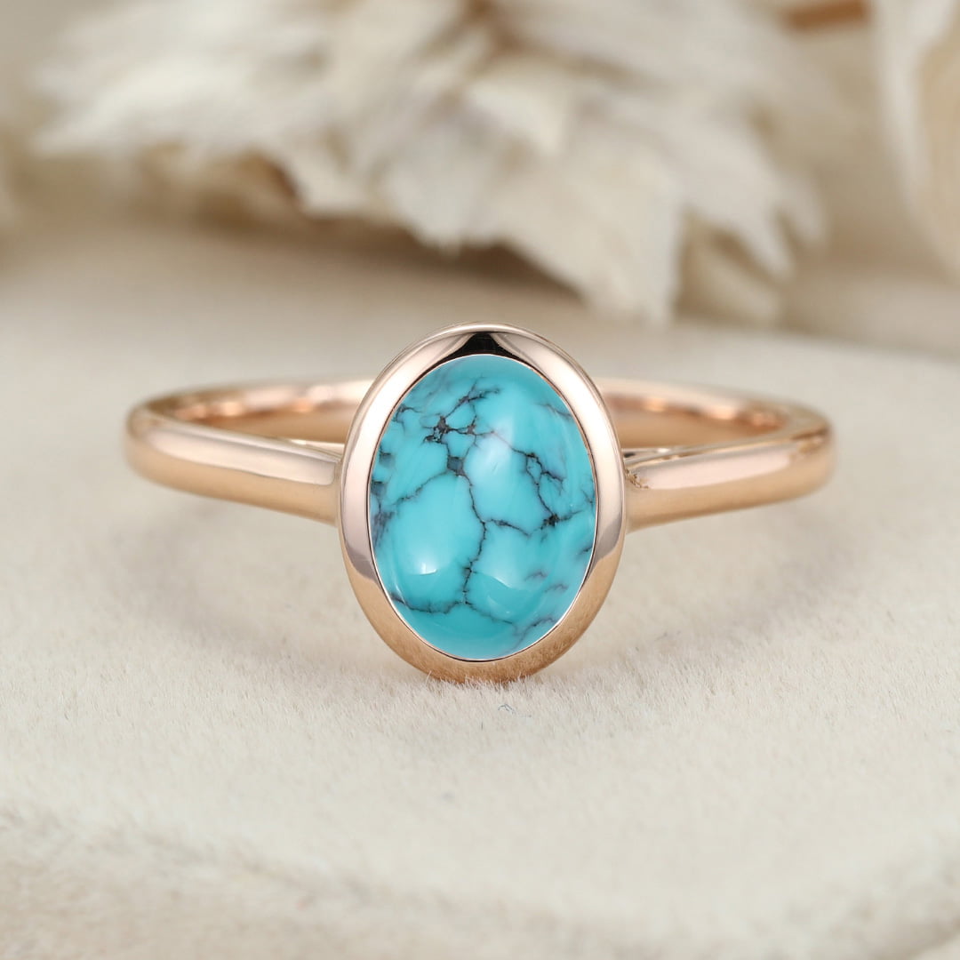 Oval Cut 8x6mm Bezel Set Turquoise Ring Solitaire Wedding Ring