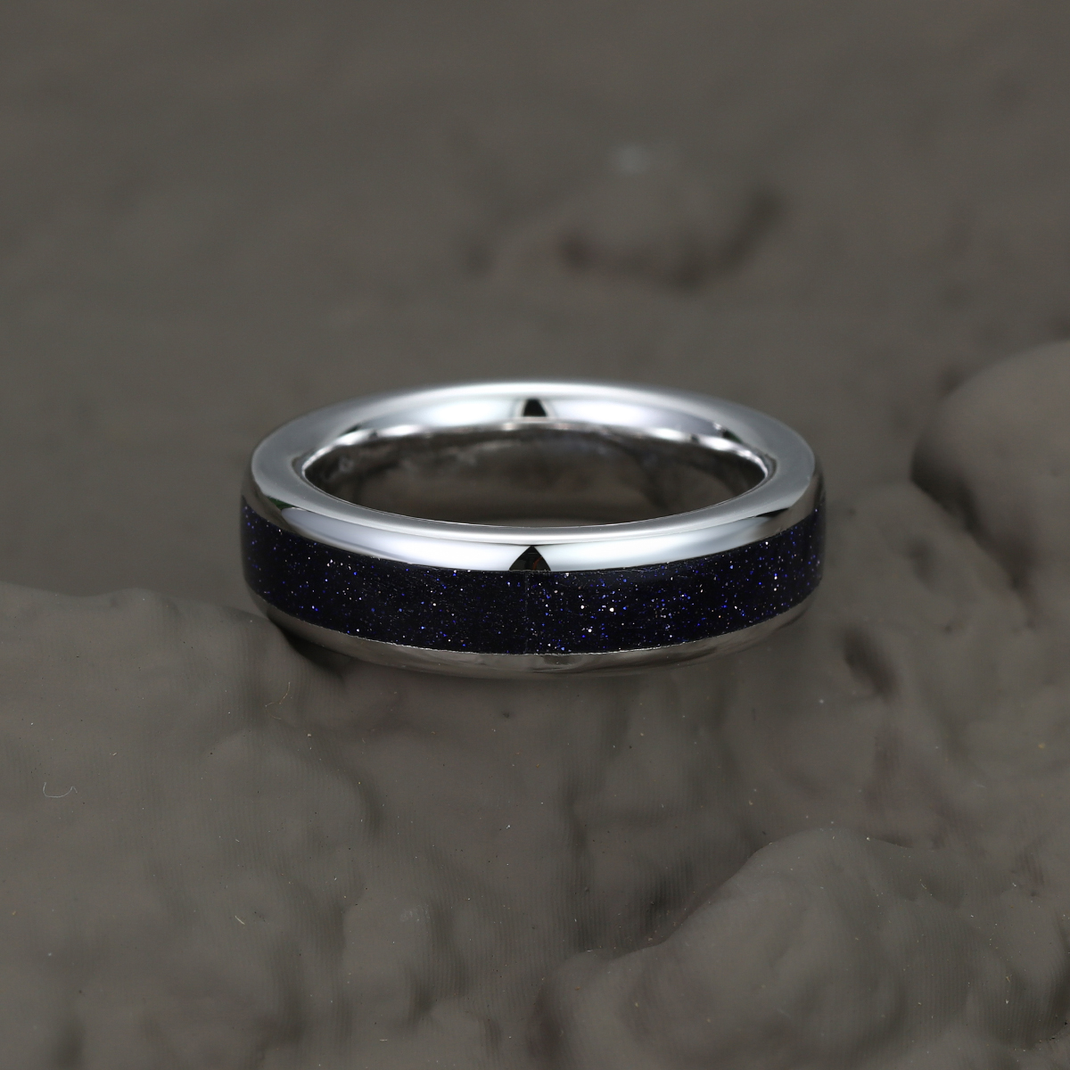 Unique Blue Sandstone Wedding Band Solid Gold Stacking Matching Rings Men Ring Gift For Him Comfort Fit 8mm & 6mm & 4mm