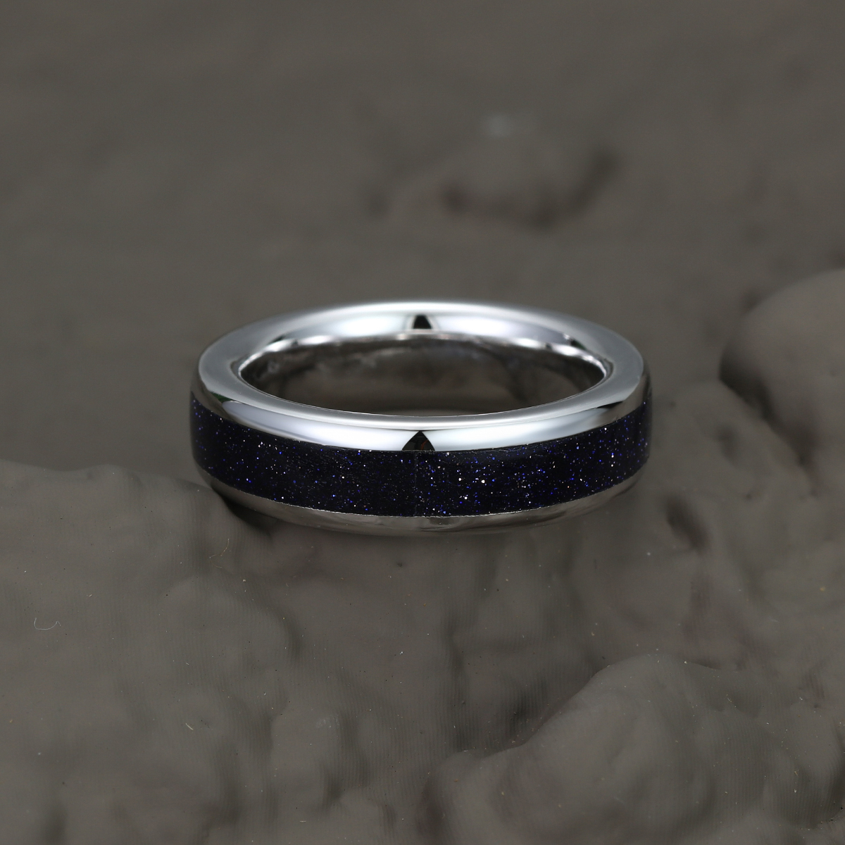 Unique Blue Sandstone Wedding Band Solid Gold Stacking Matching Rings Men Ring Gift For Him Comfort Fit 8mm & 6mm & 4mm
