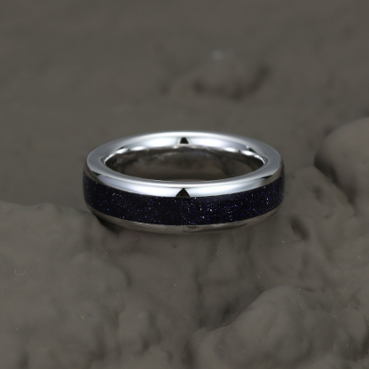Unique Blue Sandstone Wedding Band Solid Gold Stacking Matching Rings Men Ring Gift For Him Comfort Fit 8mm & 6mm & 4mm