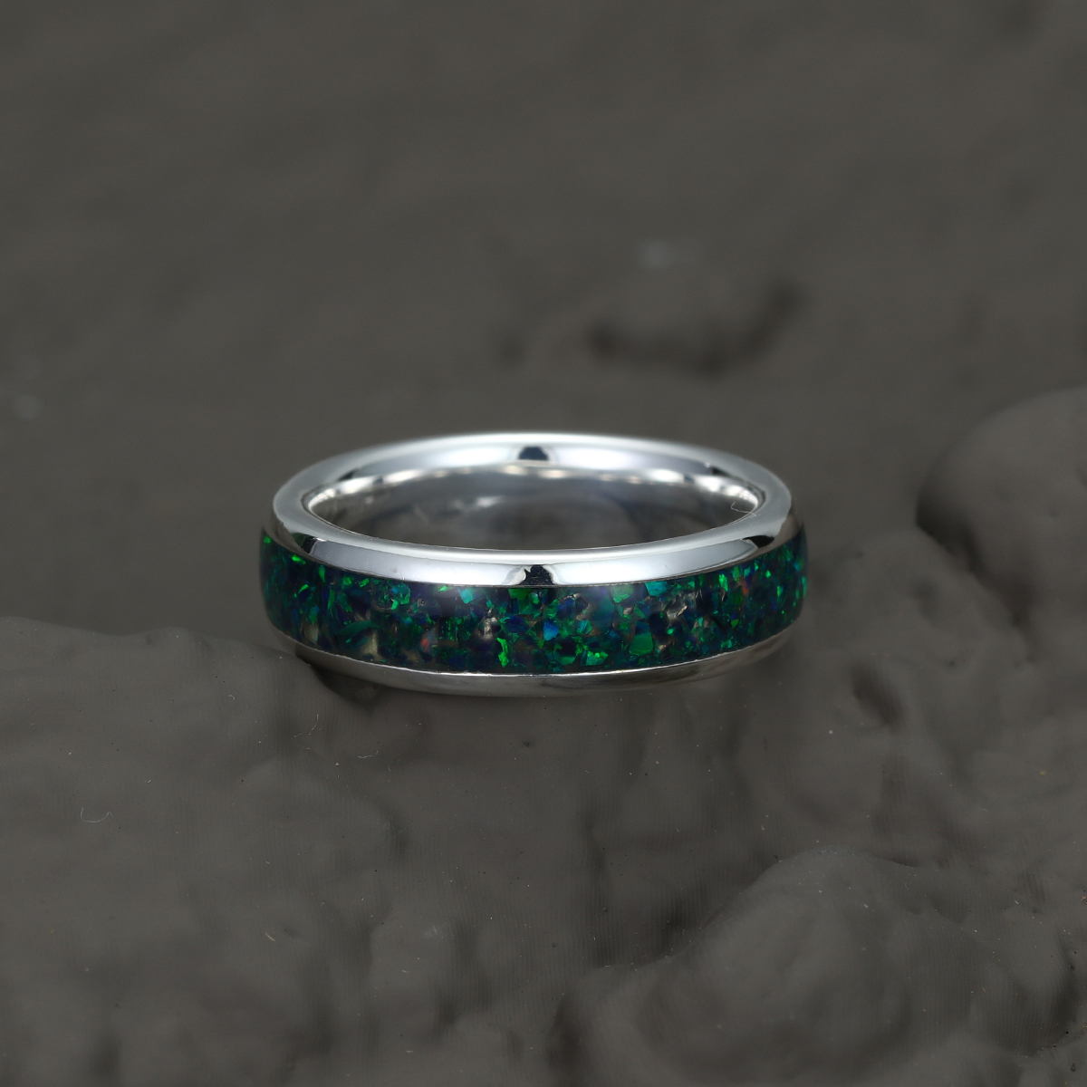 Black Gold Wedding Ring Green Opal Ring Unique Anniversary Ring Sterling Silver Wedding Band Comfort Fit