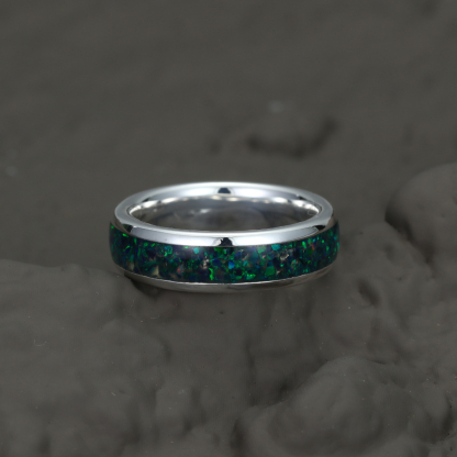 Black Gold Wedding Ring Green Opal Ring Unique Anniversary Ring Sterling Silver Wedding Band Comfort Fit