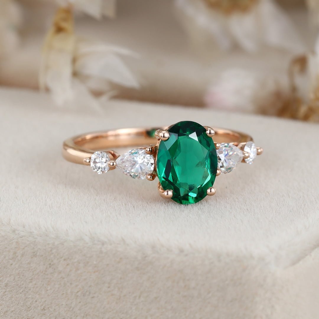 1.5CT Oval Emerald engagement ring women Vintage Rose gold moissanite ring Unique wedding Bridal promise Anniversary gift for her