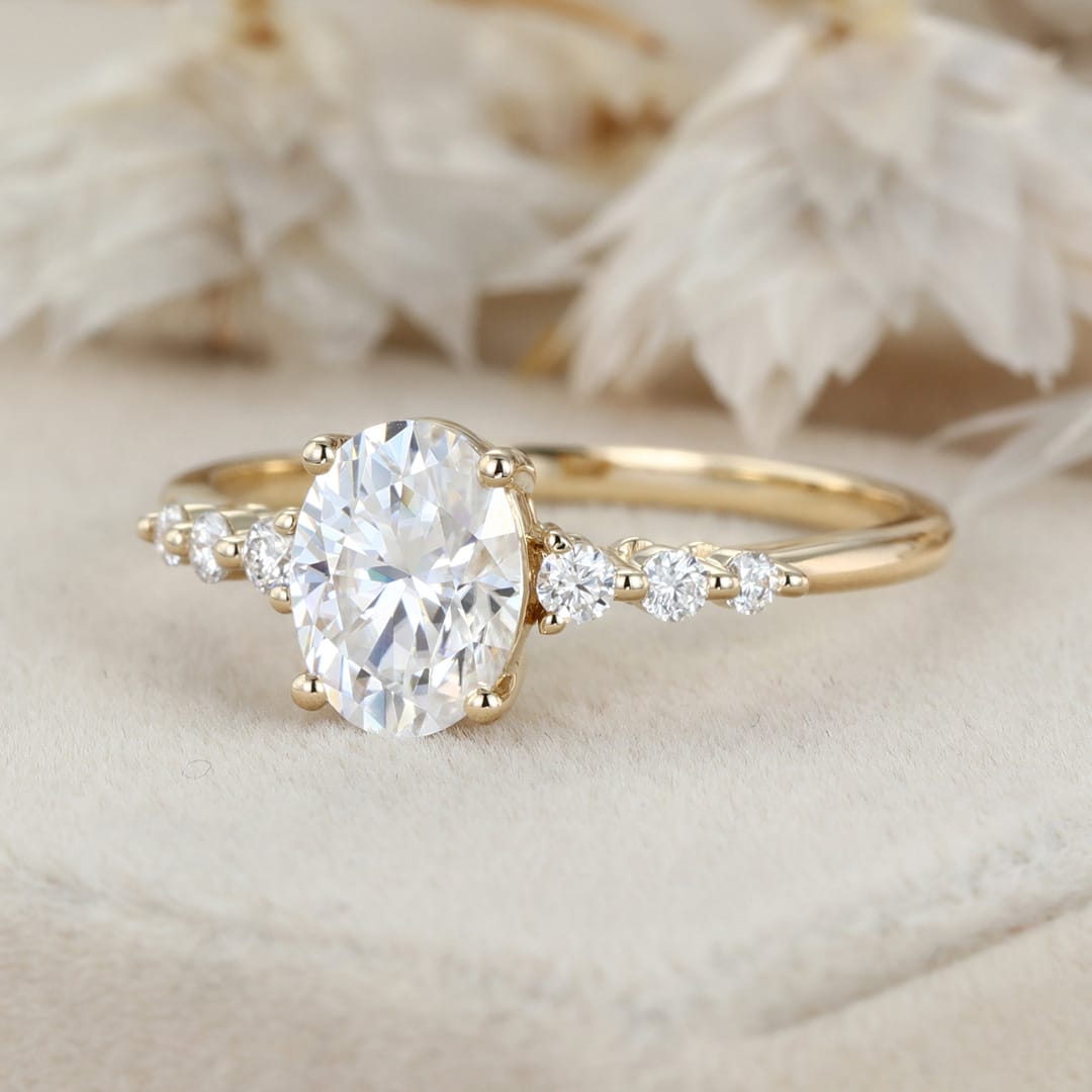 1.5CT Oval Moissanite Engagement Ring Women 14K Solid Gold Diamond Ring Vintage Half Eternity Wedding Ring Bridal Promise Anniversary Gift