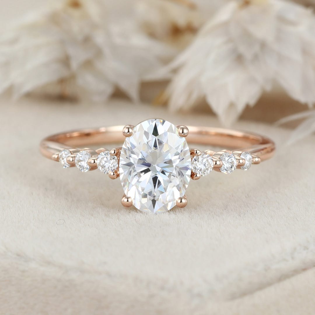 1.5CT Oval Moissanite Engagement Ring Women 14K Solid Gold Diamond Ring Vintage Half Eternity Wedding Ring Bridal Promise Anniversary Gift