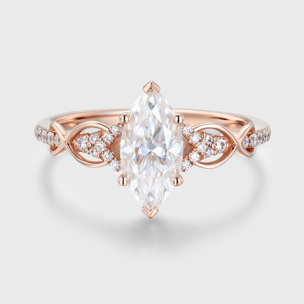 Vintage Marquise Cut Moissanite Twist Engagement Ring – Unique 14K Rose Gold Bridal Promise Ring