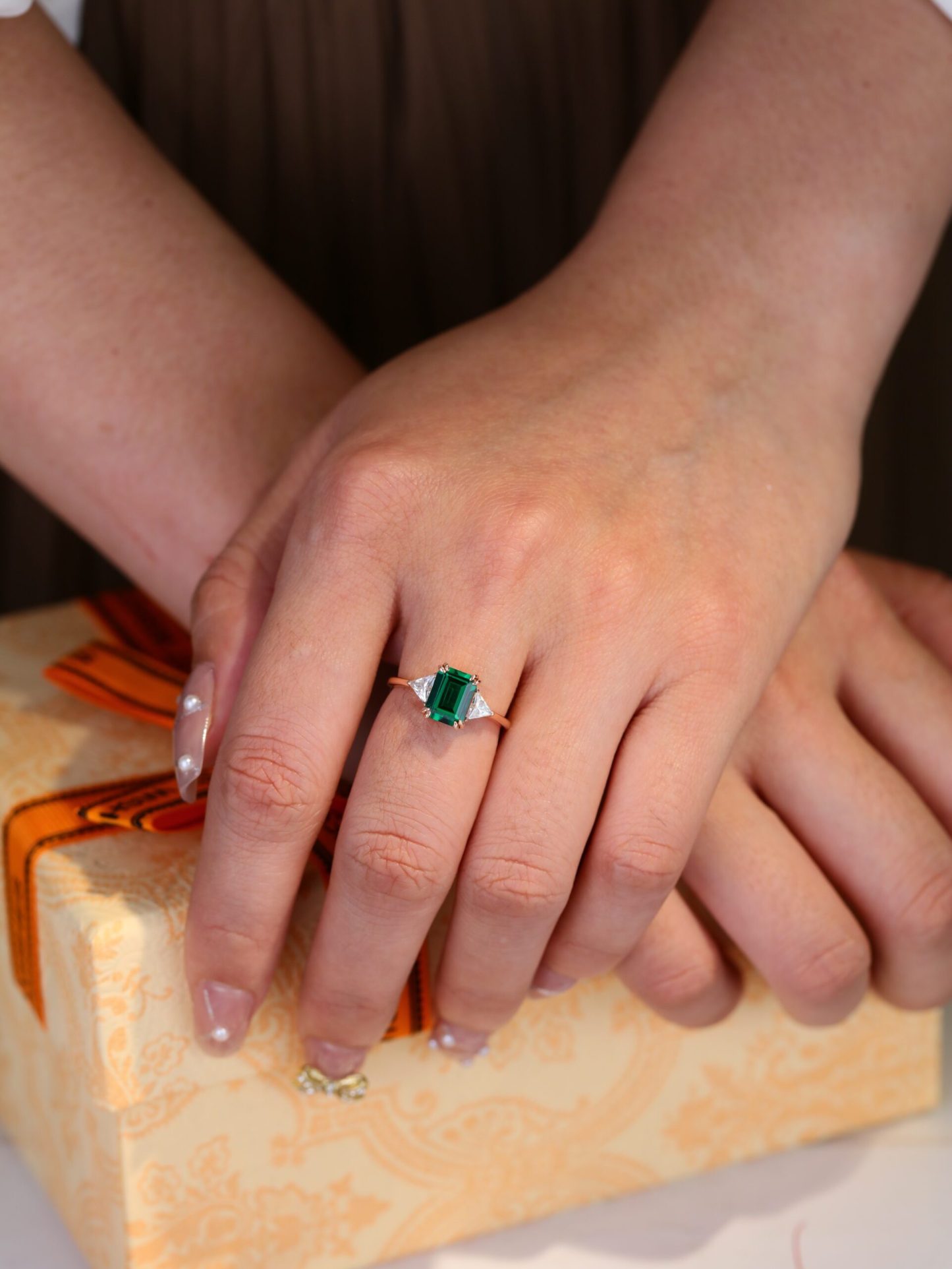 1.5ct Emerald engagement ring Rose gold engagement ring Vintage triangle moissanite ring simulate diamond ring Bridal promise Anniversary