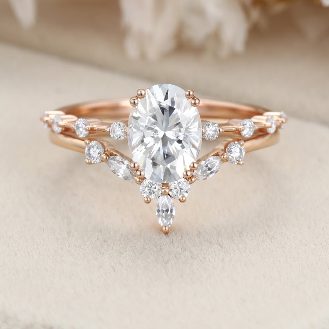1.5ct Oval Moissanite engagement ring set Vintage Rose gold engagement ring women Unique Marquise ring Bridal set promise Anniversary gift