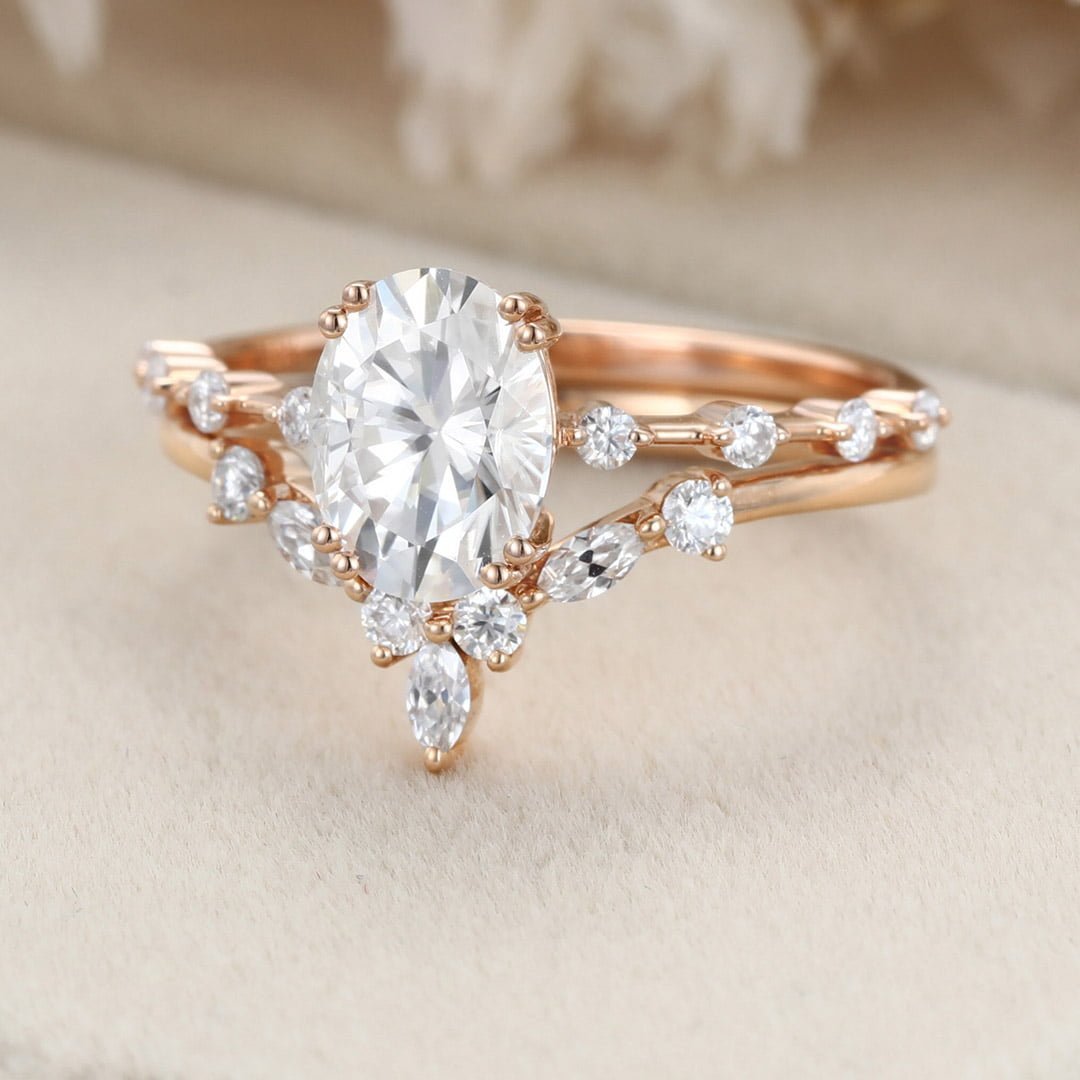 1.5ct Oval Moissanite engagement ring set Vintage Rose gold engagement ring women Unique Marquise ring Bridal set promise Anniversary gift