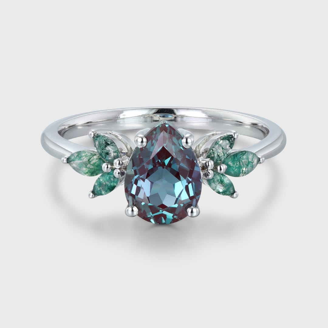 1.5ct Pear Alexandrite Engagement Ring Set Vintage Rose Gold Cluster Engagement Ring Marquise Moss Agate Wedding Bridal Promise Gift