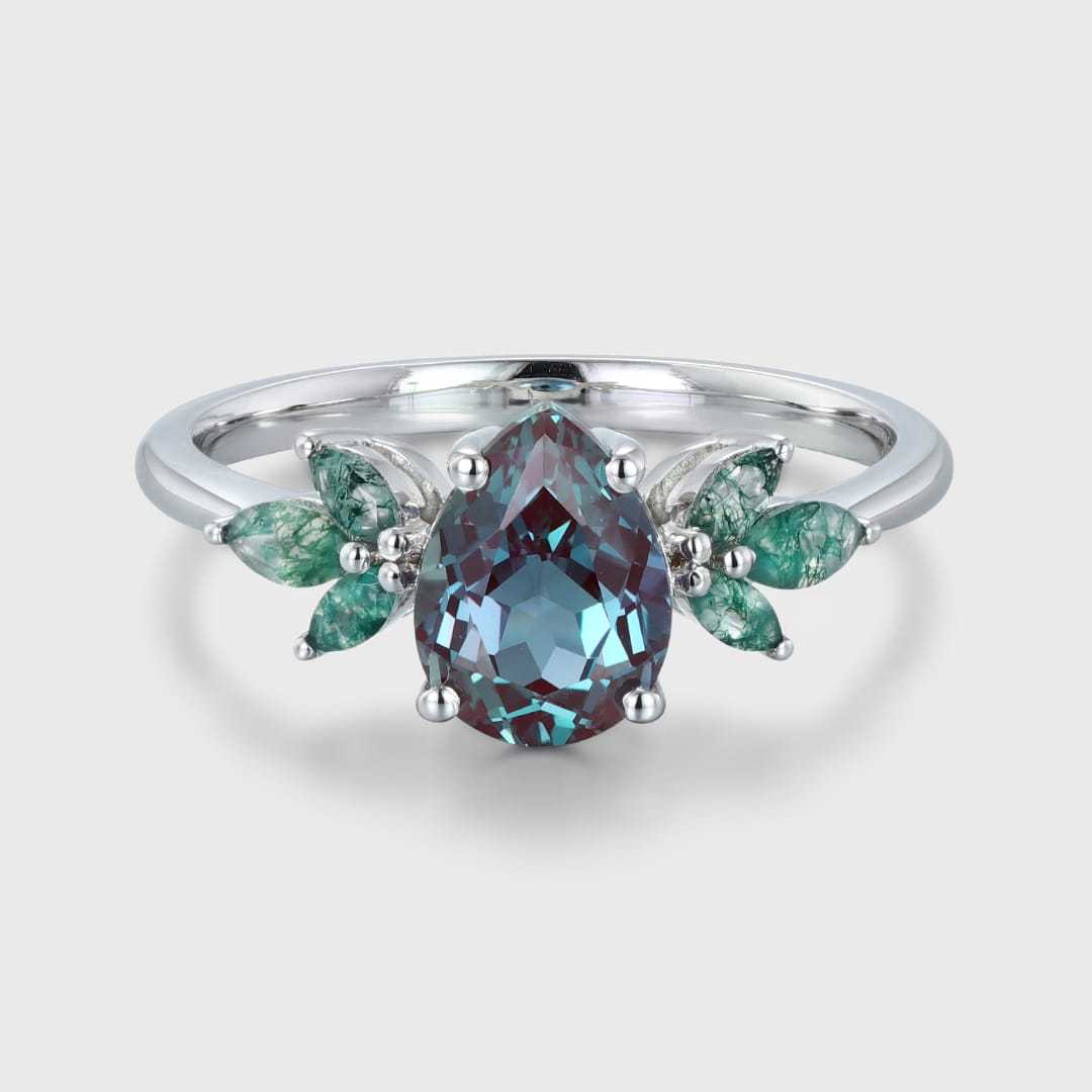 1.5ct Pear Alexandrite Engagement Ring Set Vintage Rose Gold Cluster Engagement Ring Marquise Moss Agate Wedding Bridal Promise Gift