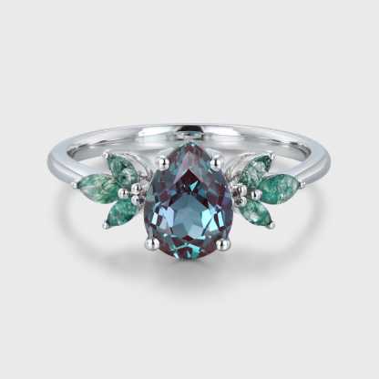 1.5ct Pear Alexandrite Engagement Ring Set Vintage Rose Gold Cluster Engagement Ring Marquise Moss Agate Wedding Bridal Promise Gift
