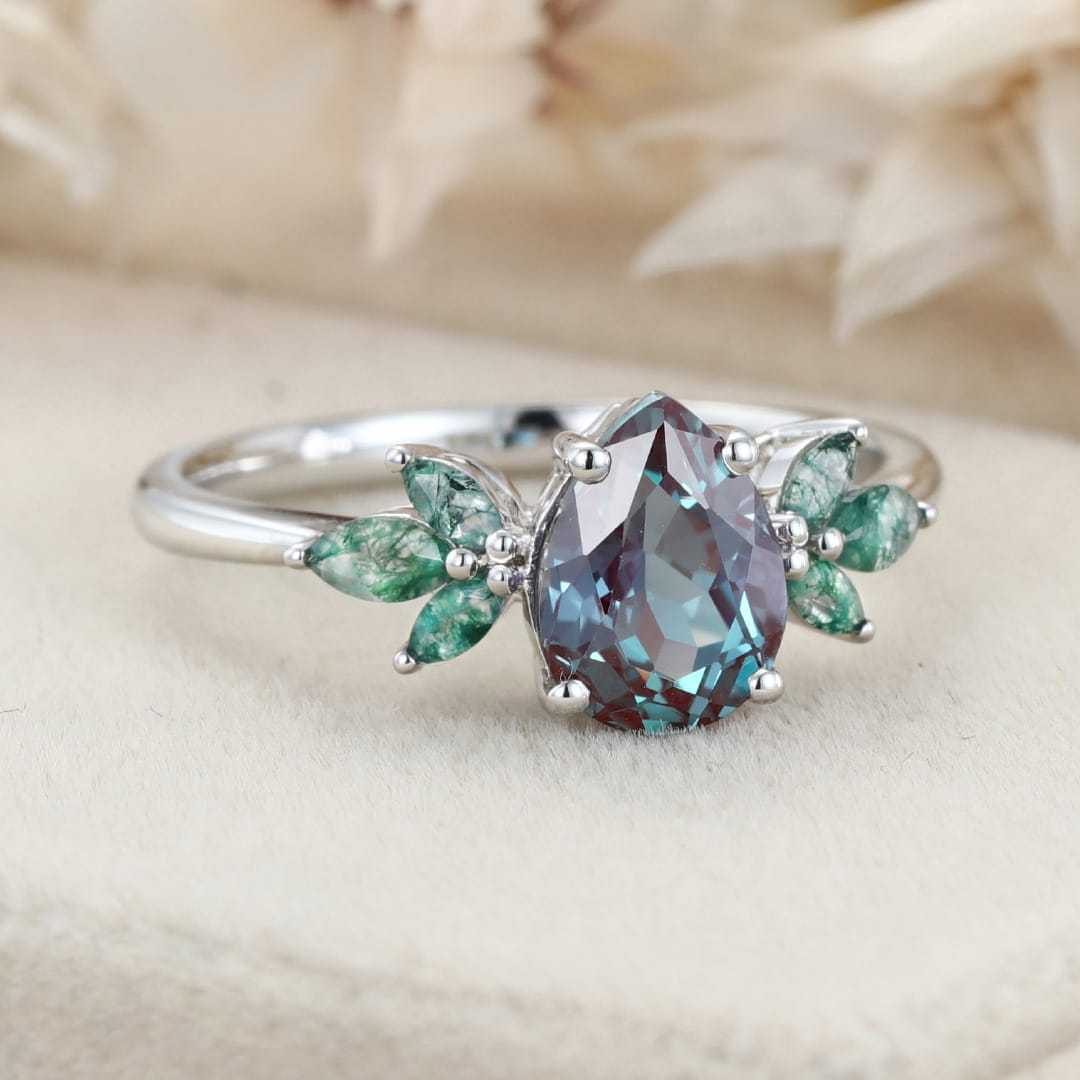1.5ct Pear Alexandrite Engagement Ring Set Vintage Rose Gold Cluster Engagement Ring Marquise Moss Agate Wedding Bridal Promise Gift