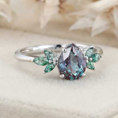 1.5ct Pear Alexandrite Engagement Ring Set Vintage Rose Gold Cluster Engagement Ring Marquise Moss Agate Wedding Bridal Promise Gift