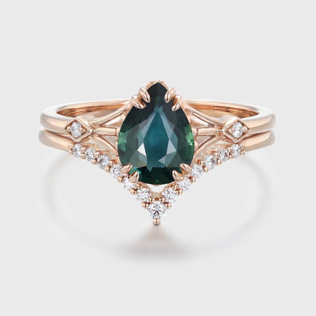 1.5ct Pear Blue green sapphire engagement set vintage Rose gold engagement ring set women Moissanite Bridal Anniversary gift ring