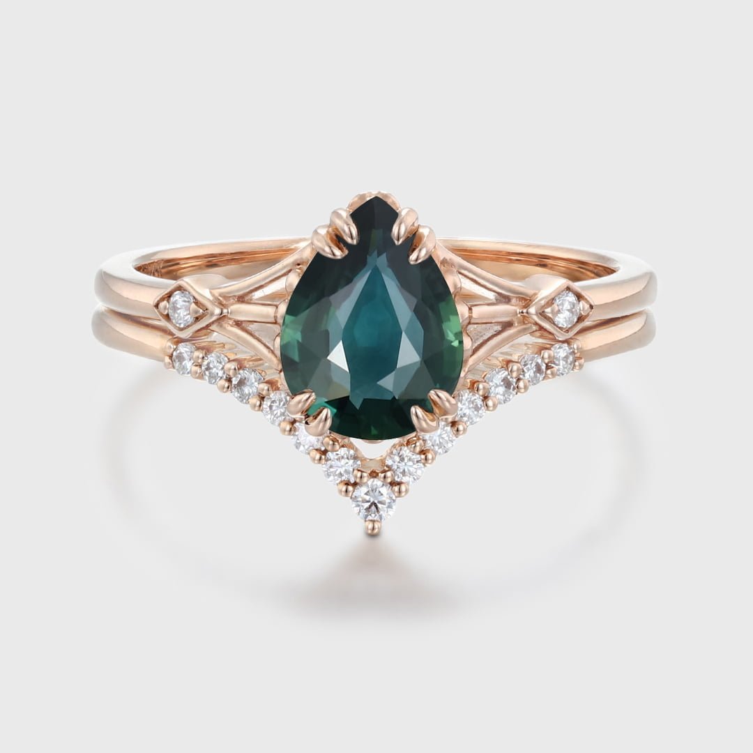 1.5ct Pear Blue green sapphire engagement set vintage Rose gold engagement ring set women Moissanite Bridal Anniversary gift ring