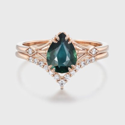 1.5ct Pear Blue green sapphire engagement set vintage Rose gold engagement ring set women Moissanite Bridal Anniversary gift ring
